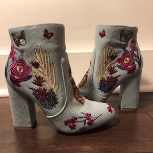 Denim Floral Booties NWOT